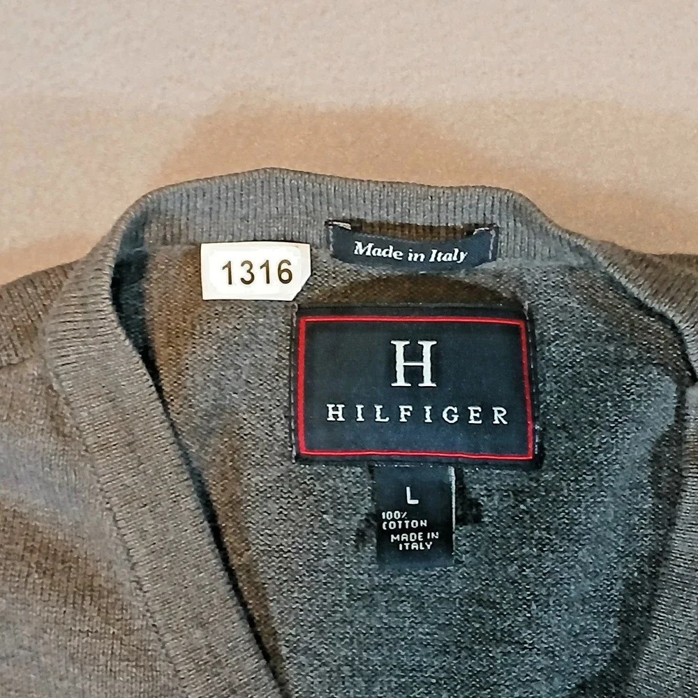 Hilfiger‎ 100% Cotton Sweater Made In Italy Gray V Neck Long Sleeve Men's Large